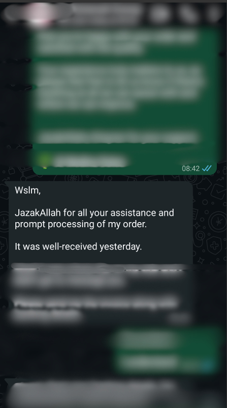 Customer review from WhatsApp